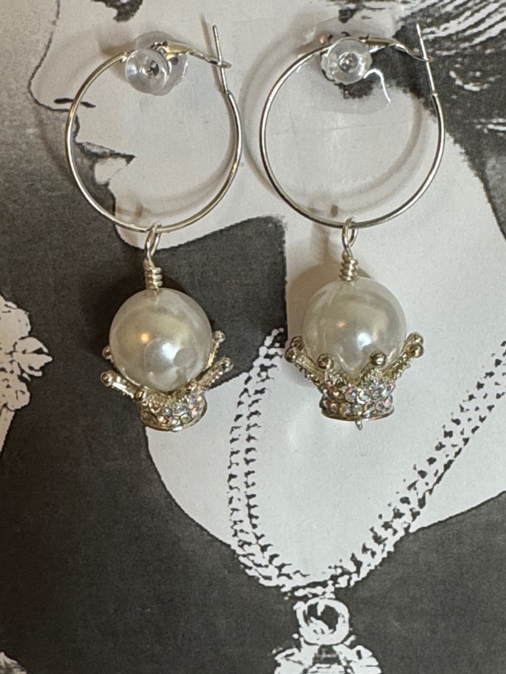 Crown Pearl Hoop Earrings - Silver Tone with Ivory Pearls